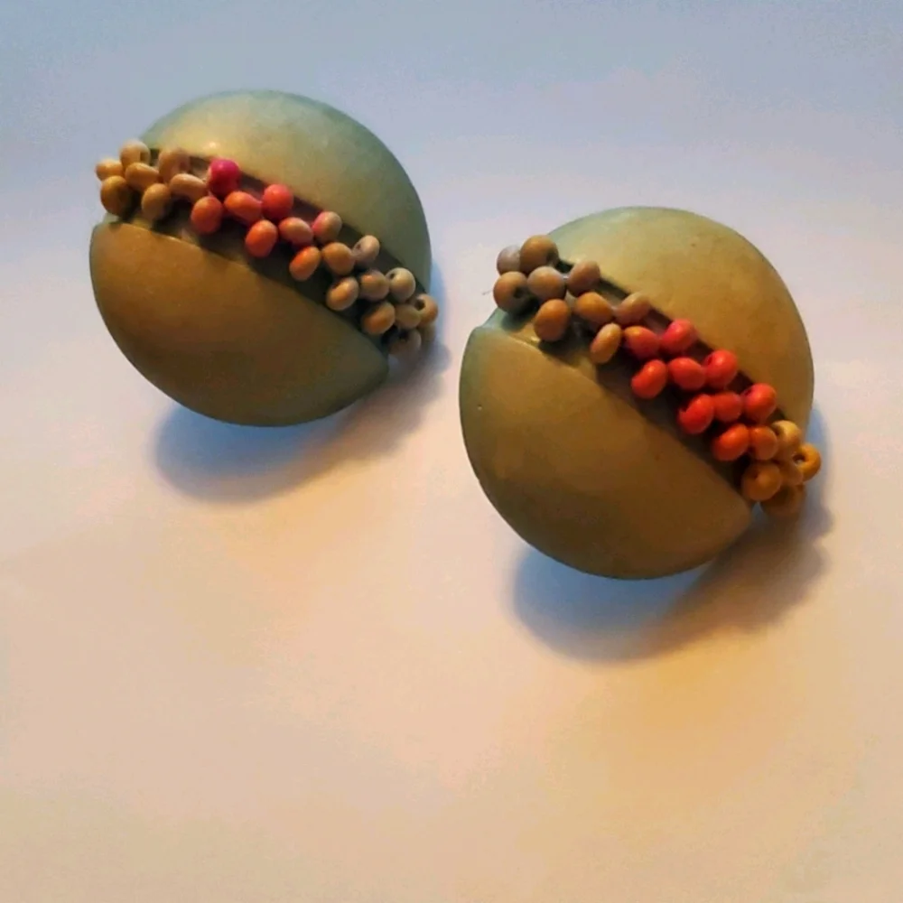 BIG OLIVE GREEN Wooden Round Stud  Pierced Earrings With Small Orange Beads